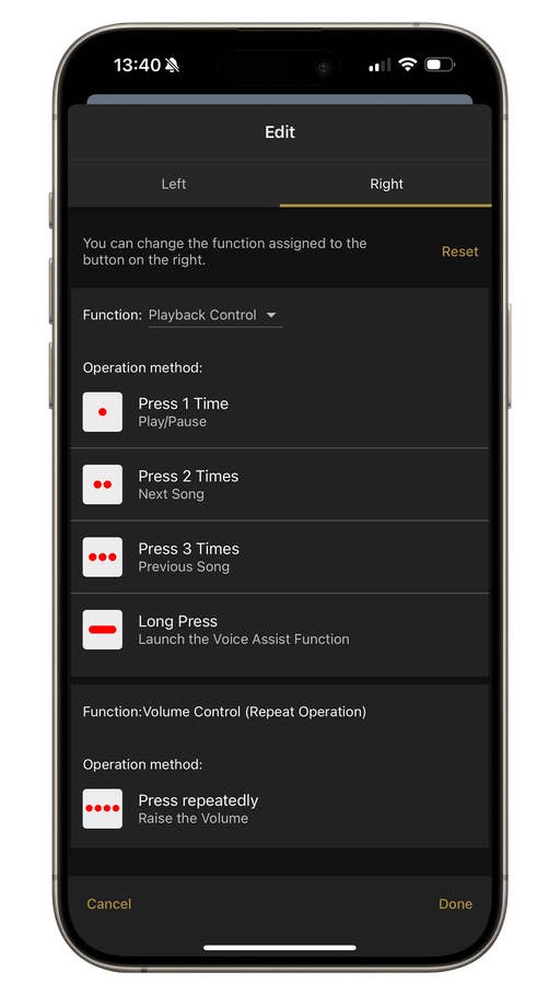 Screen mit den Einstellungen für Sony WF-C510 und der Tastenfunktionsbelegung.