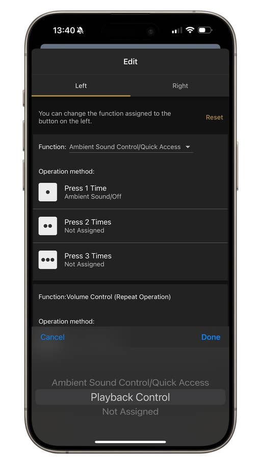 Screen mit den Einstellungen für Sony WF-C510 und der Tastenfunktionsbelegung.