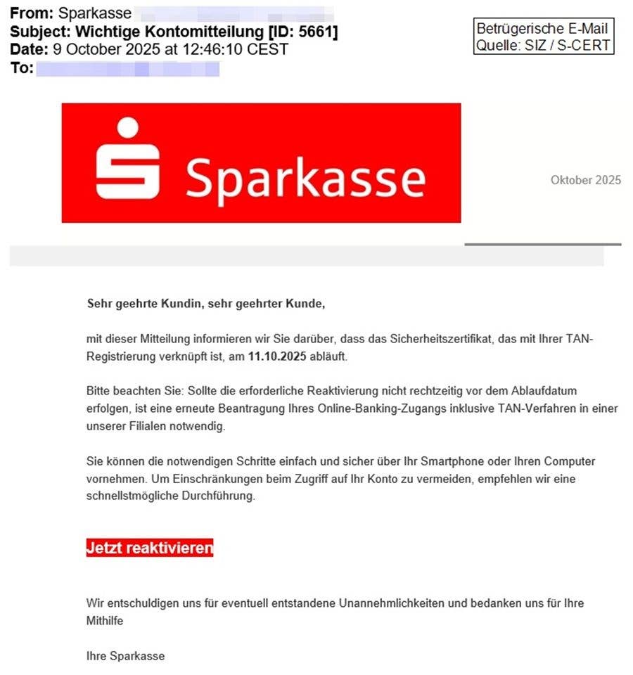 Gefälschte E-Mail im Namen der Sparkasse