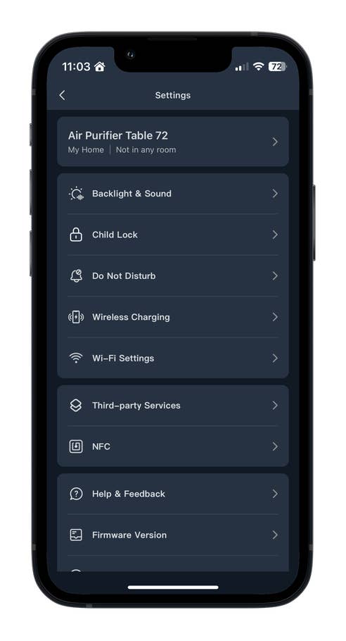 Einstellungsbildschirm für Luftreiniger Tisch 72 mit verschiedenen Optionen.