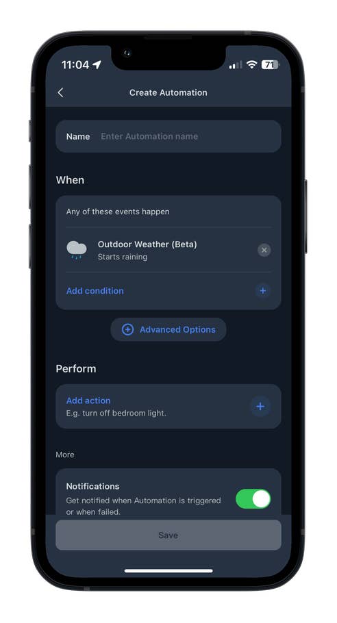 Ein Smartphone-Bildschirm zeigt Automatisierungseinstellungen für einen SwitchBot-Luftreiniger.