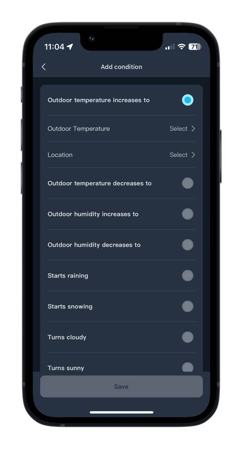 Smartphone-Bildschirm, der Wetterbedingungen für einen SwitchBot-Luftreiniger anzeigt.