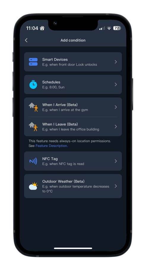 Smartphone-Bildschirm zeigt Optionen zum Hinzufügen von Bedingungen für Smart-Geräte an.