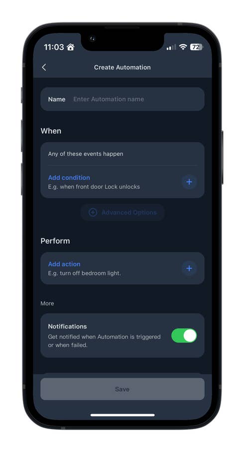 Ein Smartphone-Bildschirm zeigt die Einstellungen zur Erstellung von Automatisierungen für einen SwitchBot-Luftreiniger.