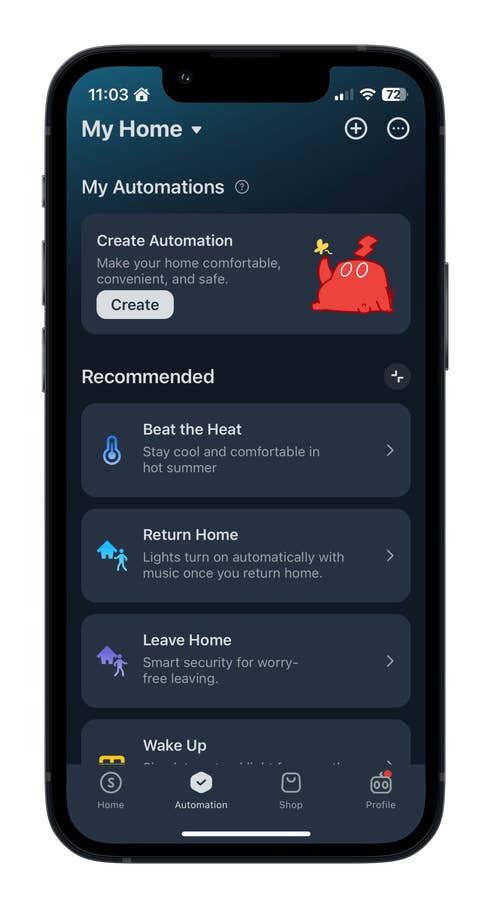 Smartphone-Bildschirm mit Optionen zur Hausautomation und empfohlenen Automatisierungen.
