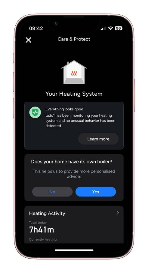 tado° App-Oberfläche zeigt den Status des Heizsystems und das Aktivitätsprotokoll.