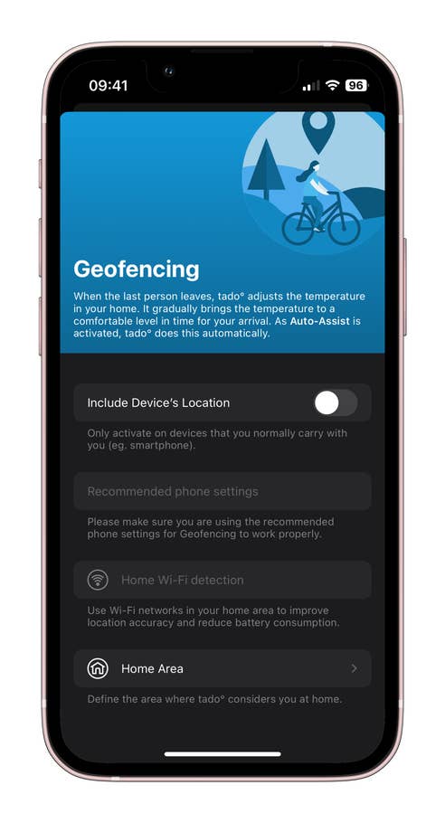 Mobilbildschirm mit tado° Geofencing-Einstellungen und Optionen zur Temperaturregelung.