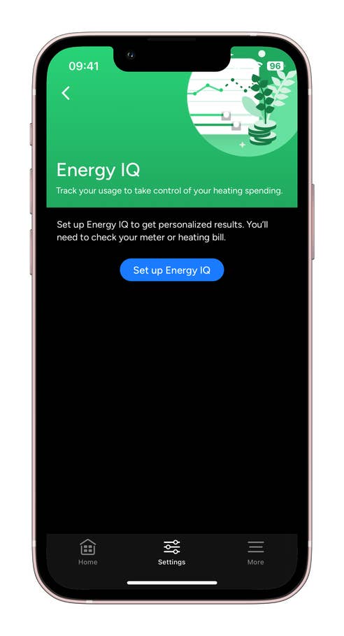 Smartphone-Bildschirm zeigt die Benutzeroberfläche der Energy IQ-App zur Verfolgung des Heizverbrauchs.