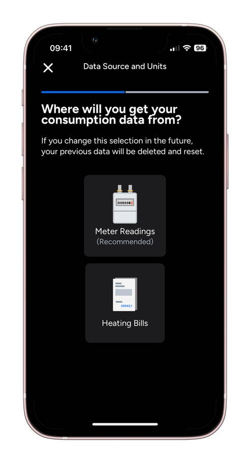 Mobil-App-Bildschirm, der Datenquellenoptionen anzeigt: Zählerstände und Heizrechnungen.