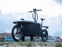 Ein Terran T1 Pro E-Lastenrad, das neben einer Treppe mit einer Stadtsilhouette im Hintergrund geparkt ist.