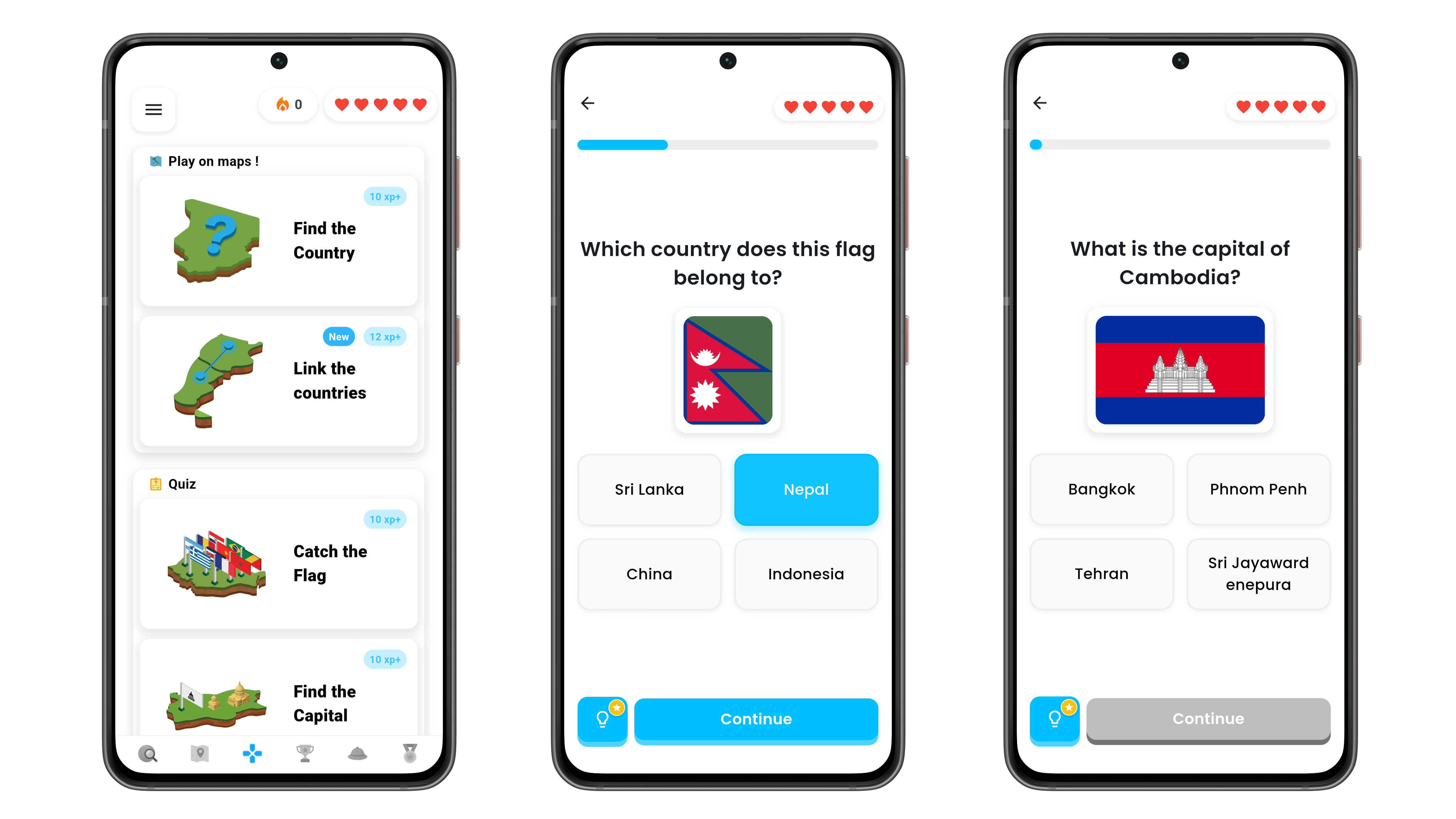 Mobile-App-Bildschirm mit Geographie-Quizzen und Spielen.