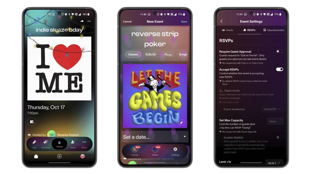 Drei Smartphone-Bildschirme zeigen Veranstaltungsdetails für 