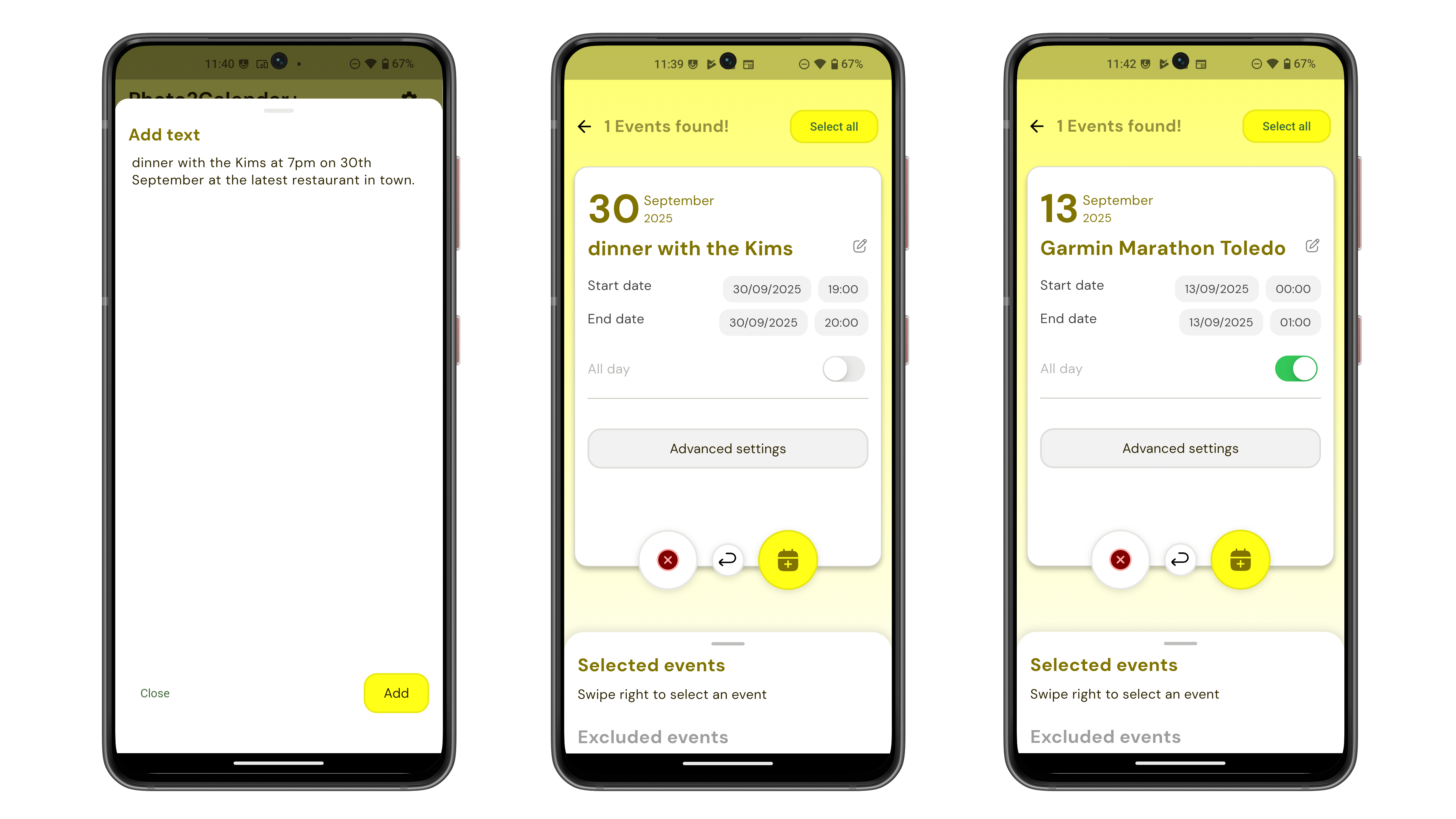 Drei Smartphone-Bildschirme, die Kalenderereignisse für September 2025 anzeigen.