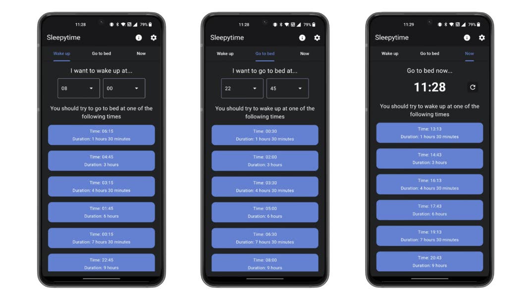 Drei Smartphone-Bildschirme, die eine Schlafplan-App mit Weck- und Schlafzeiten anzeigen.