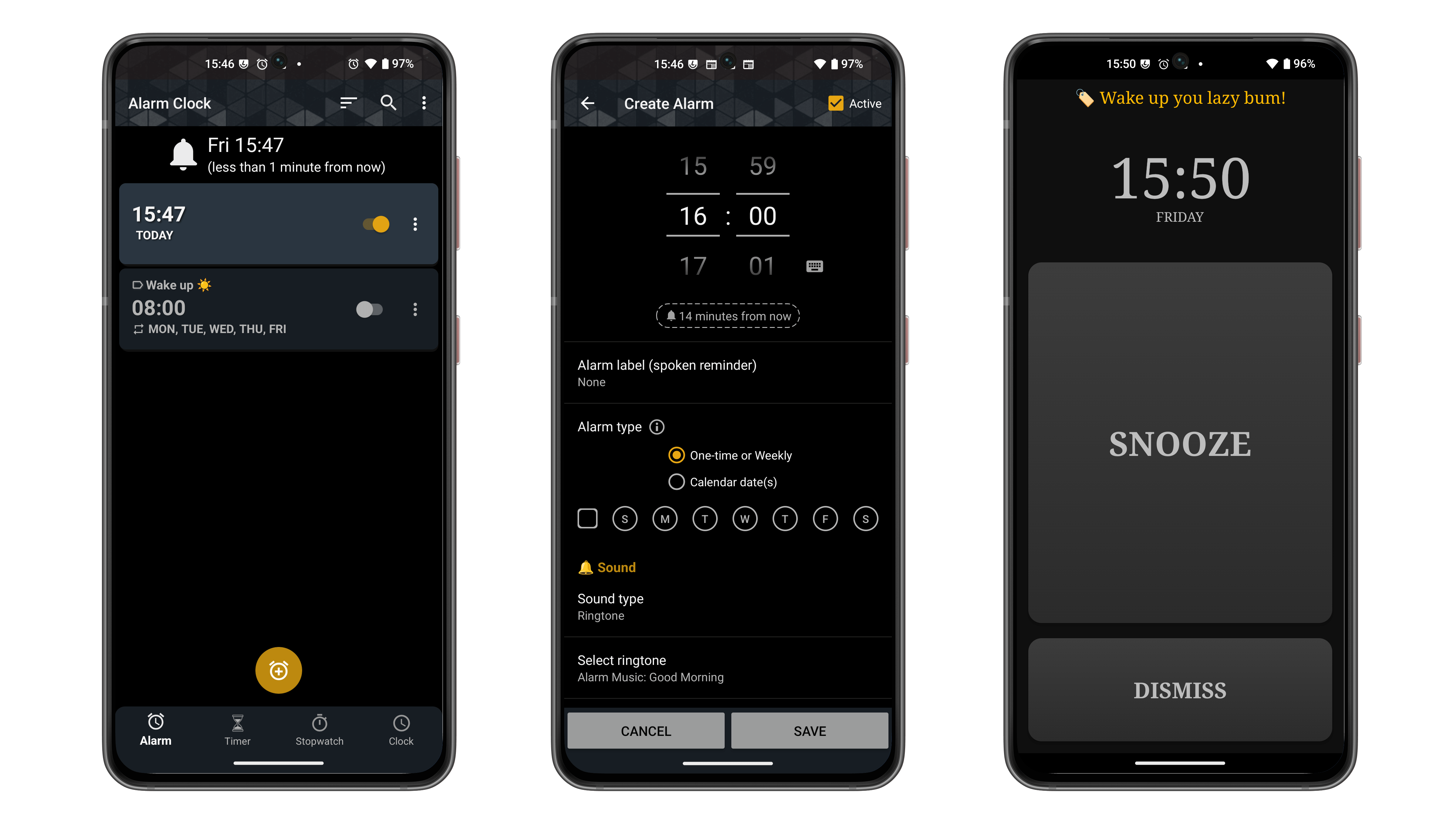 Drei Smartphone-Bildschirme zeigen Weckeroberflächen mit aktueller Uhrzeit und Weckereinstellungen.