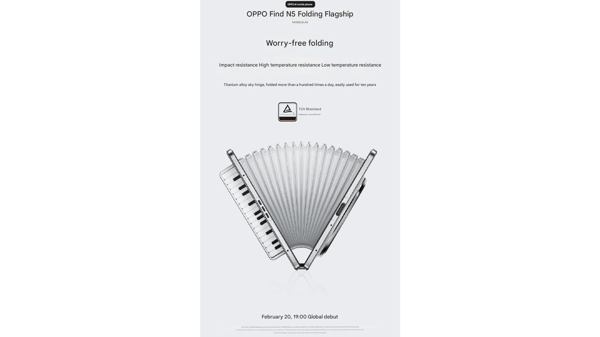 Anzeige für das OPPO Find N5 Folding Flagship, die seine sorgenfreie Faltfunktionen und Haltbarkeit hervorhebt.