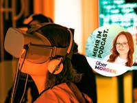 Person mit VR-Brille und Bild von Podcast-Host Johanna