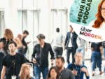 Menschen auf der IFA und das überMORGEN-Logo mit Bild von Host Johanna