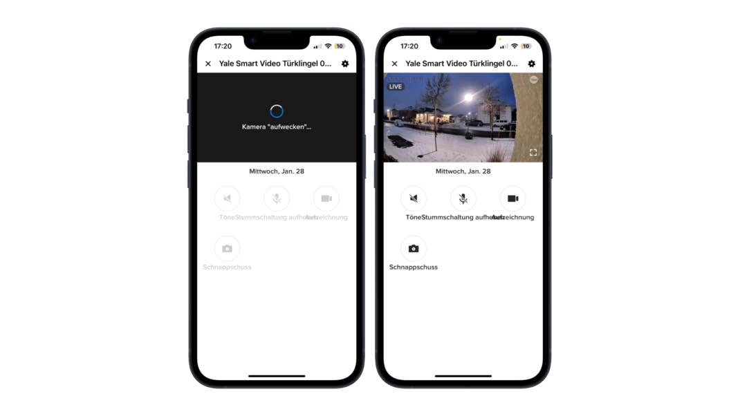 Nach dem Aufwecken der Kamera aus dem Energiesparmodus ermöglicht die App die direkte Kommunikation sowie das manuelle Sichern von Videos und Fotos.