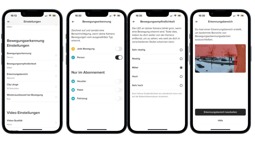 Die App erlaubt eine präzise Abstimmung der Bewegungssensoren und das rechtssichere Aussparen privater Zonen im Sichtfeld der Kamera.