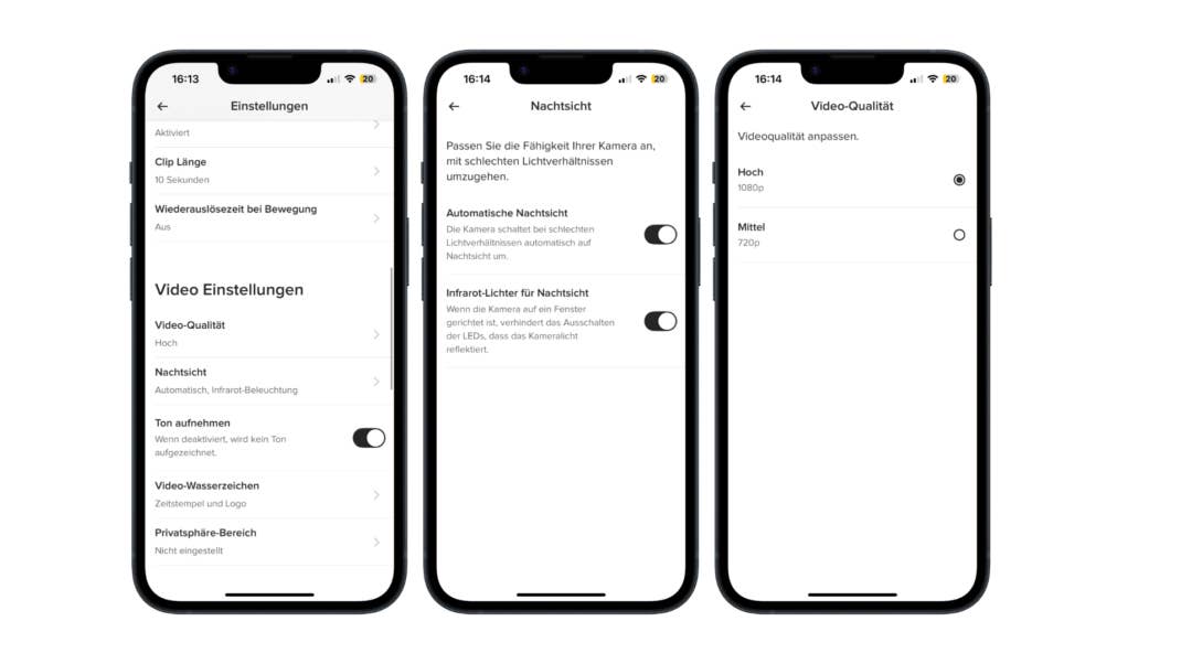 In den Videoeinstellungen lassen sich die Bildauflösung, die automatische Nachtsicht sowie die Einblendung von Zeitstempeln individuell konfigurieren.
