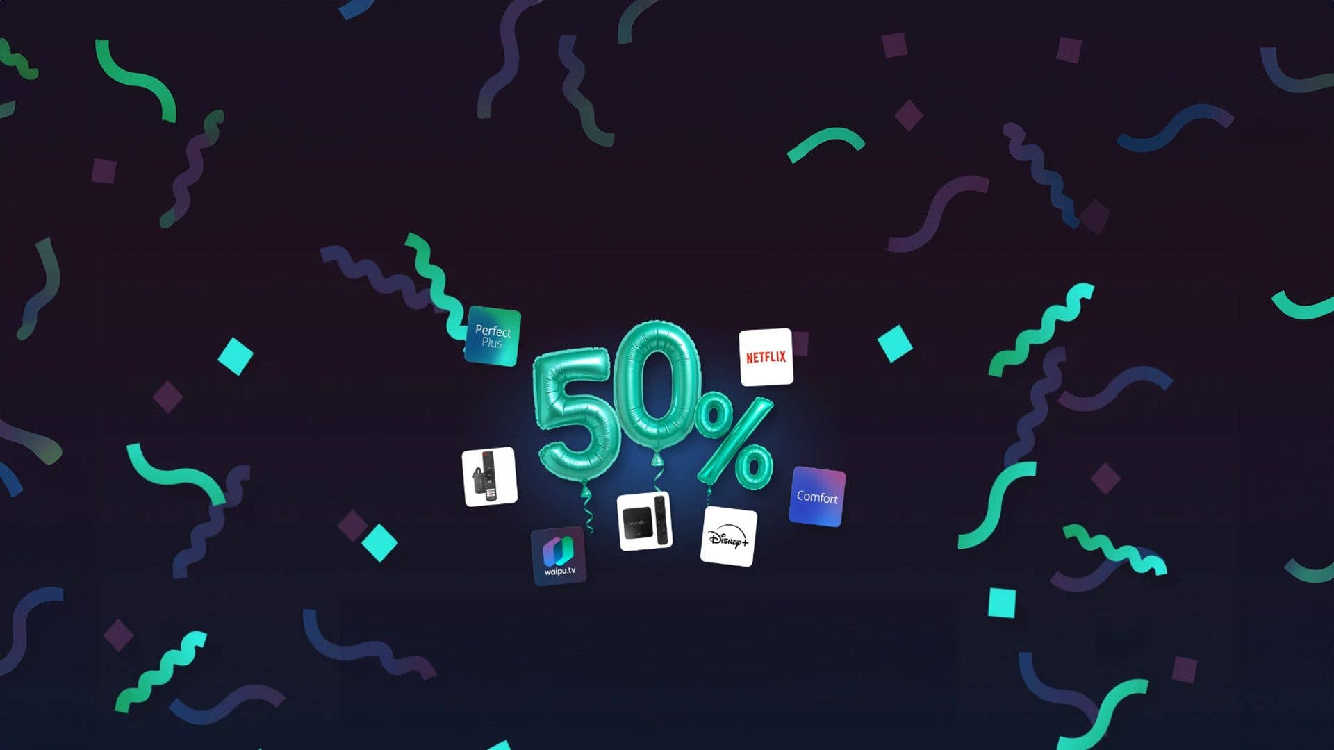 50% Rabattaktion für waipu.tv mit Konfetti und Logos von Streamingdiensten.