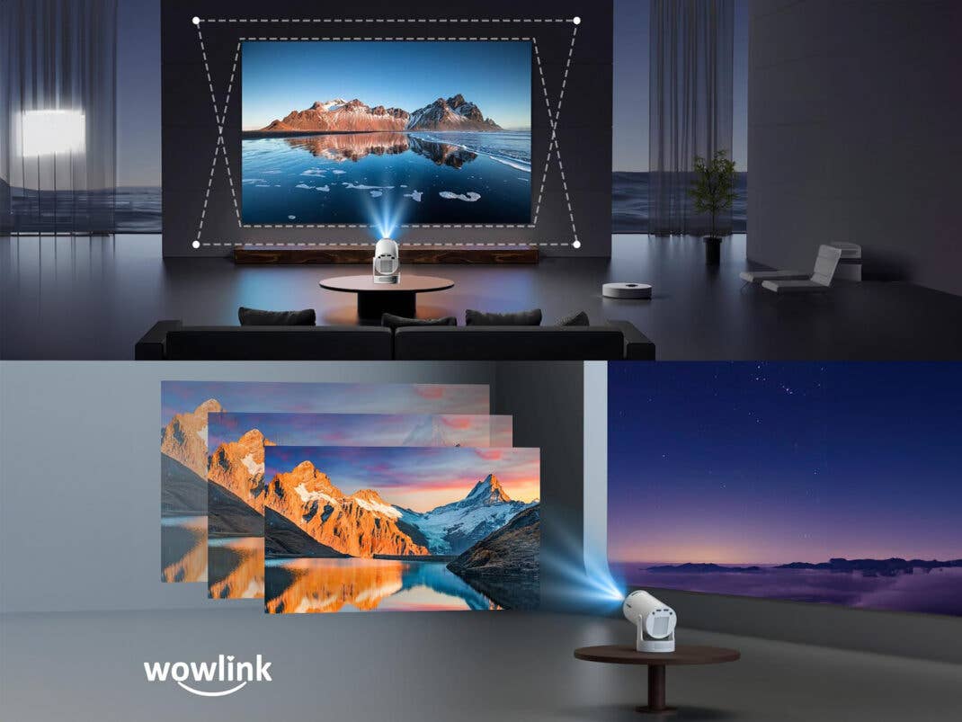 Ein Beamer wirft ein Bild an eine Wand und nimmt eine Trapzeverbesserung vor