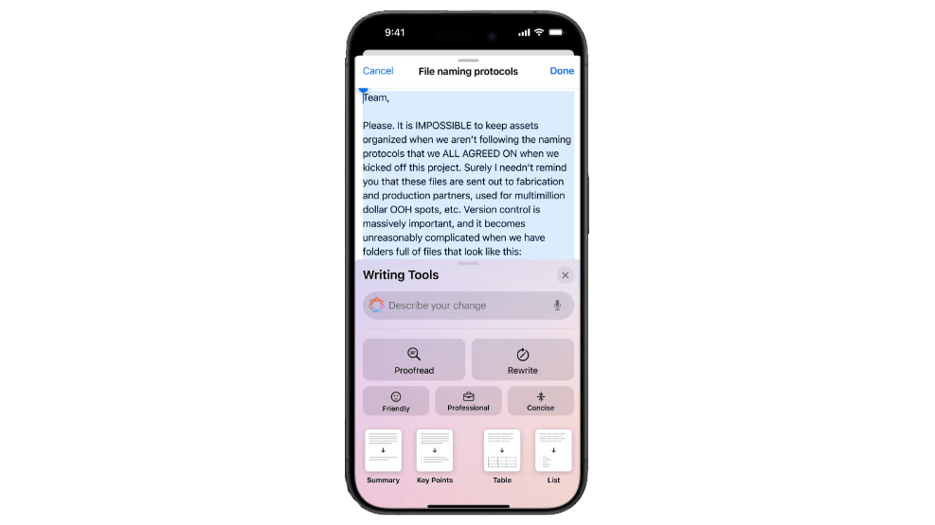 Screenshot zeigt Apples Writing Tools in der iOS 18.1 Beta