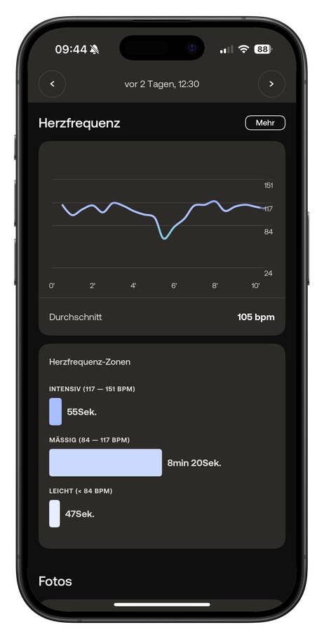 Xiaomi Watch S4 zeigt Herzfrequenzdaten mit einem Diagramm und Zonen für Intensitätsstufen an.