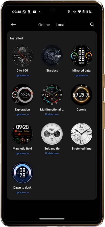 Xiaomi S4-Uhrenschnittstelle mit verschiedenen installierten Zifferblättern.