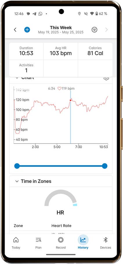 Xiaomi Watch S4 Anzeige mit wöchentlichen Herzfrequenzdaten, Dauer 10:53, durchschnittliche HR 103 bpm, Kalorien 81.