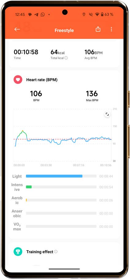 Xiaomi Watch S4 Schnittstelle mit Herzfrequenzdaten, verbrannten Kalorien und Trainingseffekten.