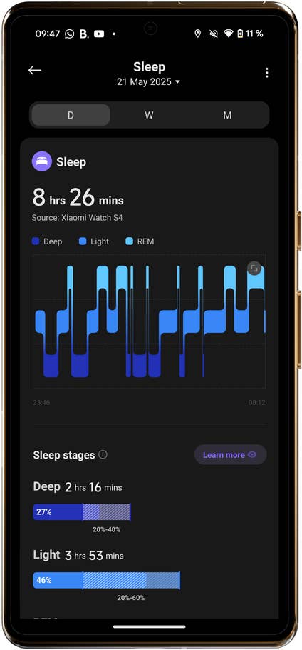 Schlafdaten von Xiaomi Watch S4: 8 Std. 26 Min. insgesamt, davon 2 Std. 16 Min. Tiefschlaf und 3 Std. 53 Min. Leichtschlaf.