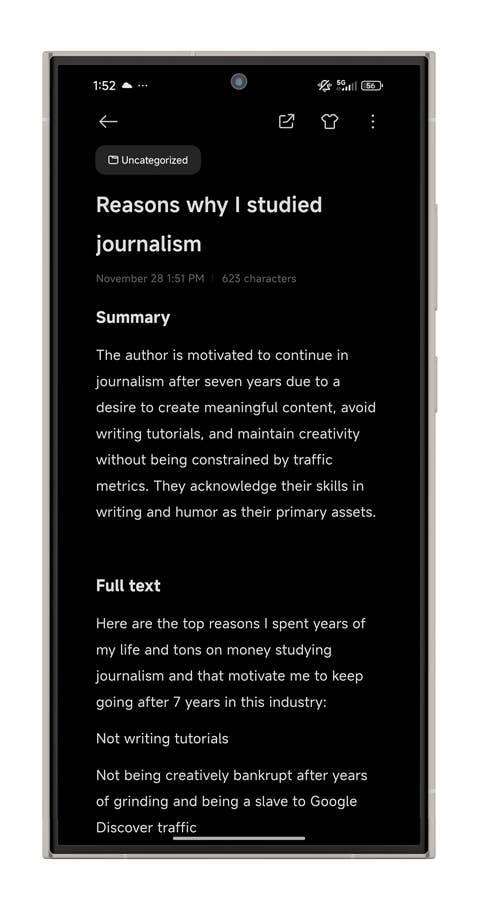 Ein Screenshot von einem Xiaomi-Smartphone, der die KI-Notizen-Funktion von HyperOS zeigt.