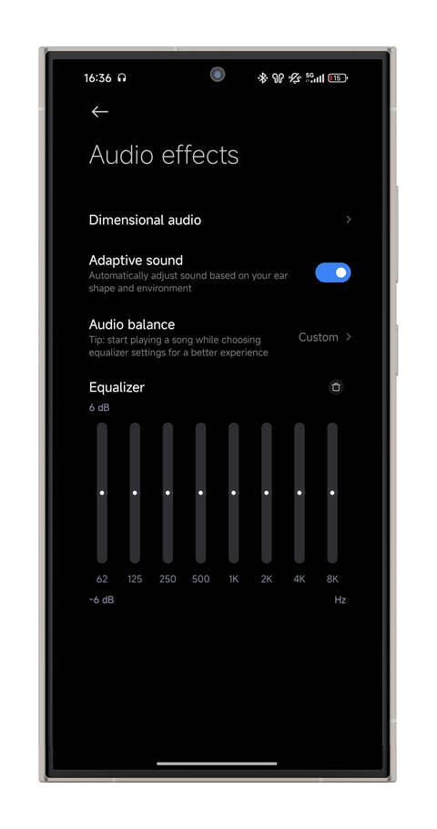 Xiaomi earbuds-Anwendung, die Einstellungen für Audioeffekte anzeigt.