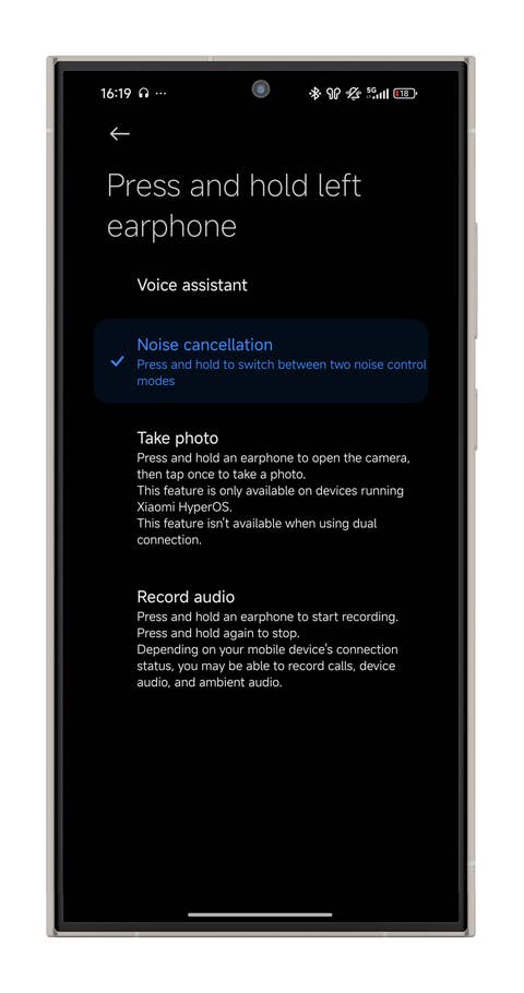 Einstellungsbildschirm für Xiaomi Buds 5 mit Optionen.