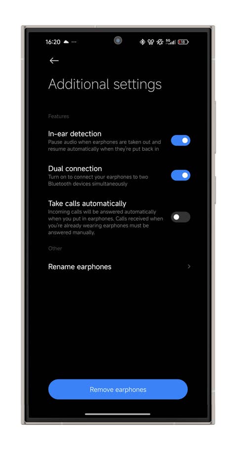 Bildschirm mit den Einstellungen der Xiaomi Buds 5.