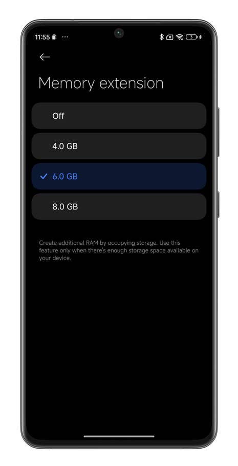HyperOS Screenshot, der zeigt, wie die Speichererweiterung mit Xiaomi-Smartphones funktioniert