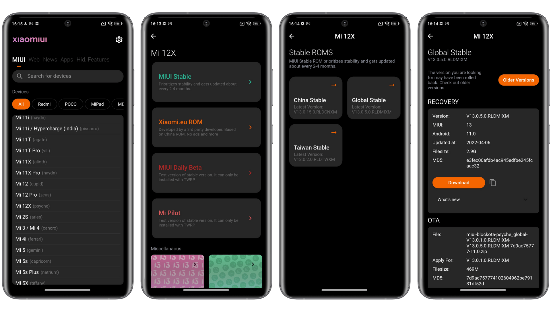Screenshots zeigen die verfügbaren MIUI-Versionen