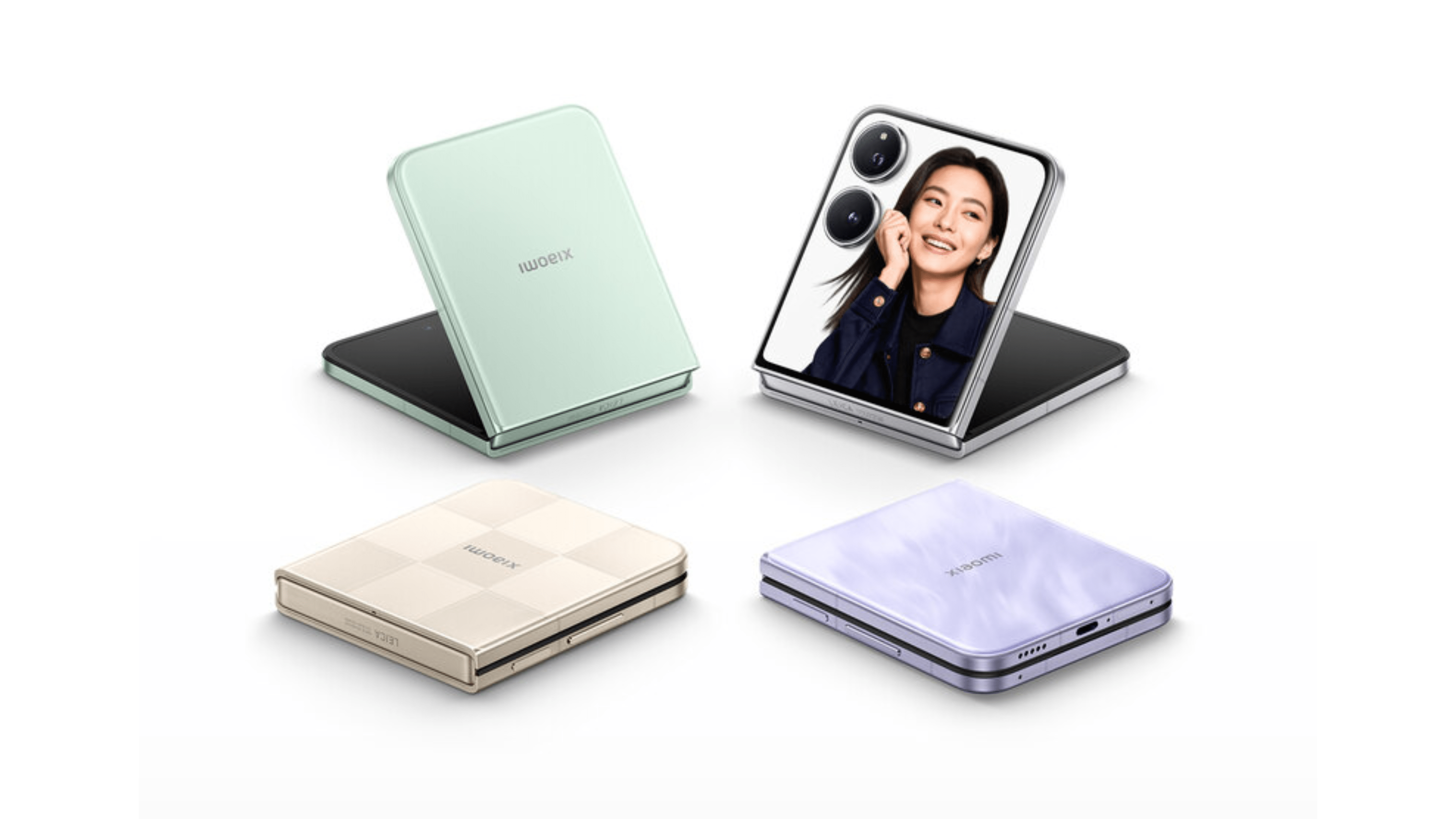 Vier Xiaomi Mix Flip 2 Smartphones in verschiedenen Farben: mintgrün, beige, helllila und gefaltet in schwarz.