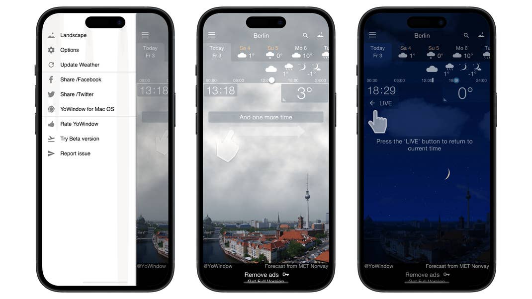 Übersicht der YoWindow-App mit Wetterdetails und Optionen.